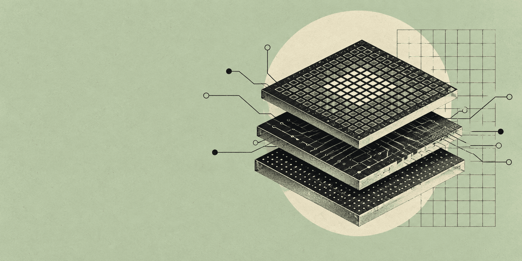 Geometric collage of layered processors on sage green paper