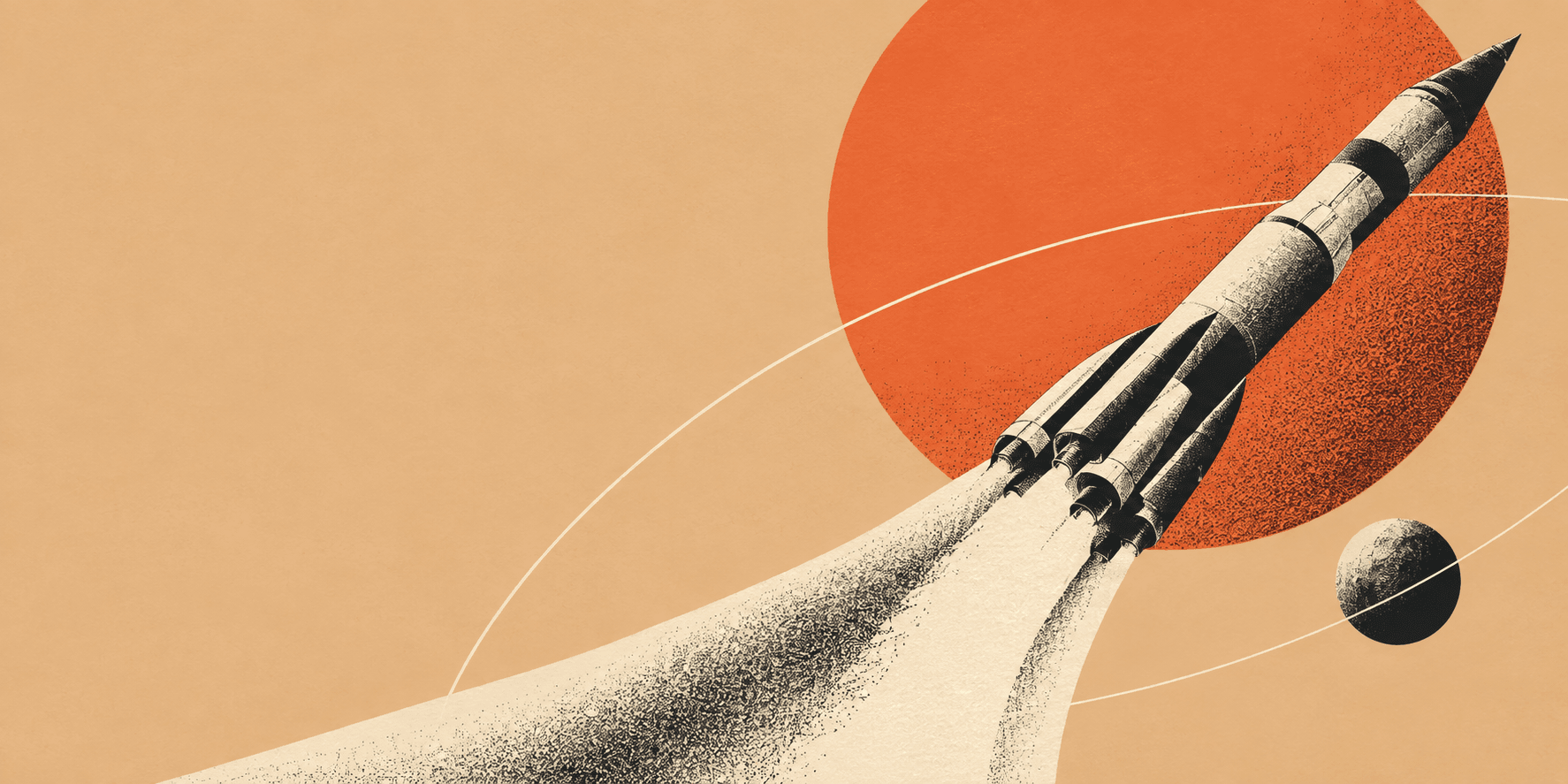 Screenprint collage of a rocket and orbital paths on apricot paper