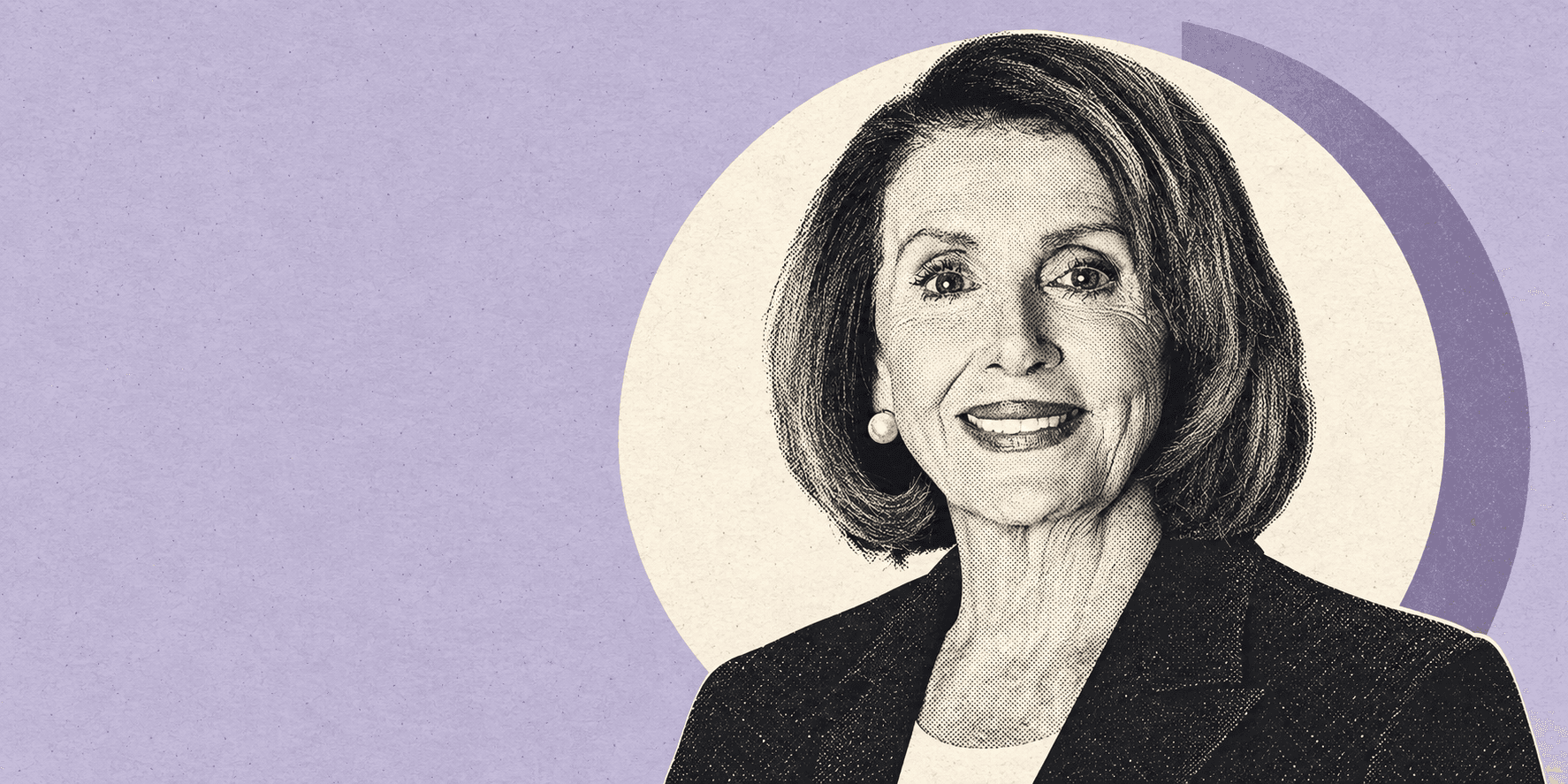 Halftone portrait of Nancy Pelosi on lilac paper